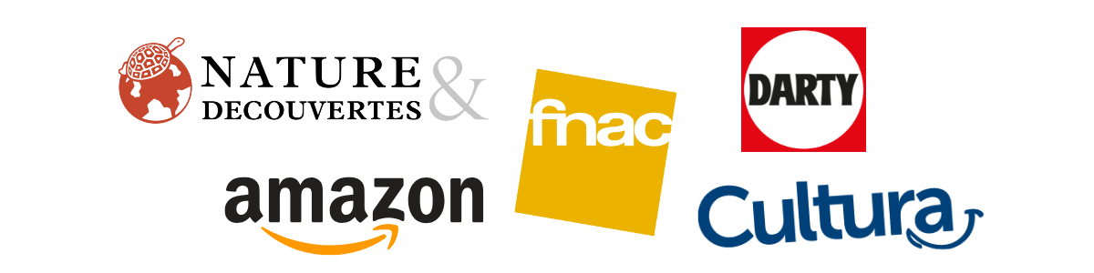 Logos des magasins partenaires : Fnac, Cultura, Nature & Découvertes, Amazon, Darty