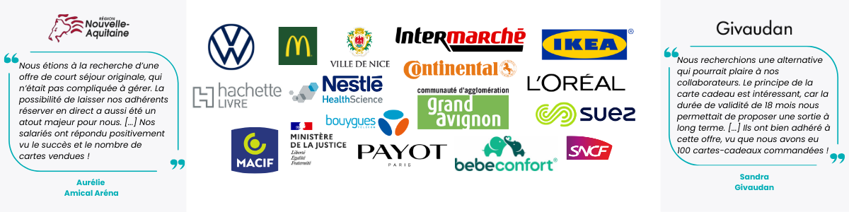 Logos entreprises partenaires cadeaux d'entreprise : IKEA, L'Oréal, SNCF, McDonald's, Nestlé, Bouygues, MACIF, Intermarché, Payot, Ville de Nice, Grand Avignon, Ministère de la Justice, Continental, Suez, Bebeconfort, Hachette Livre, Nestlé Health Science